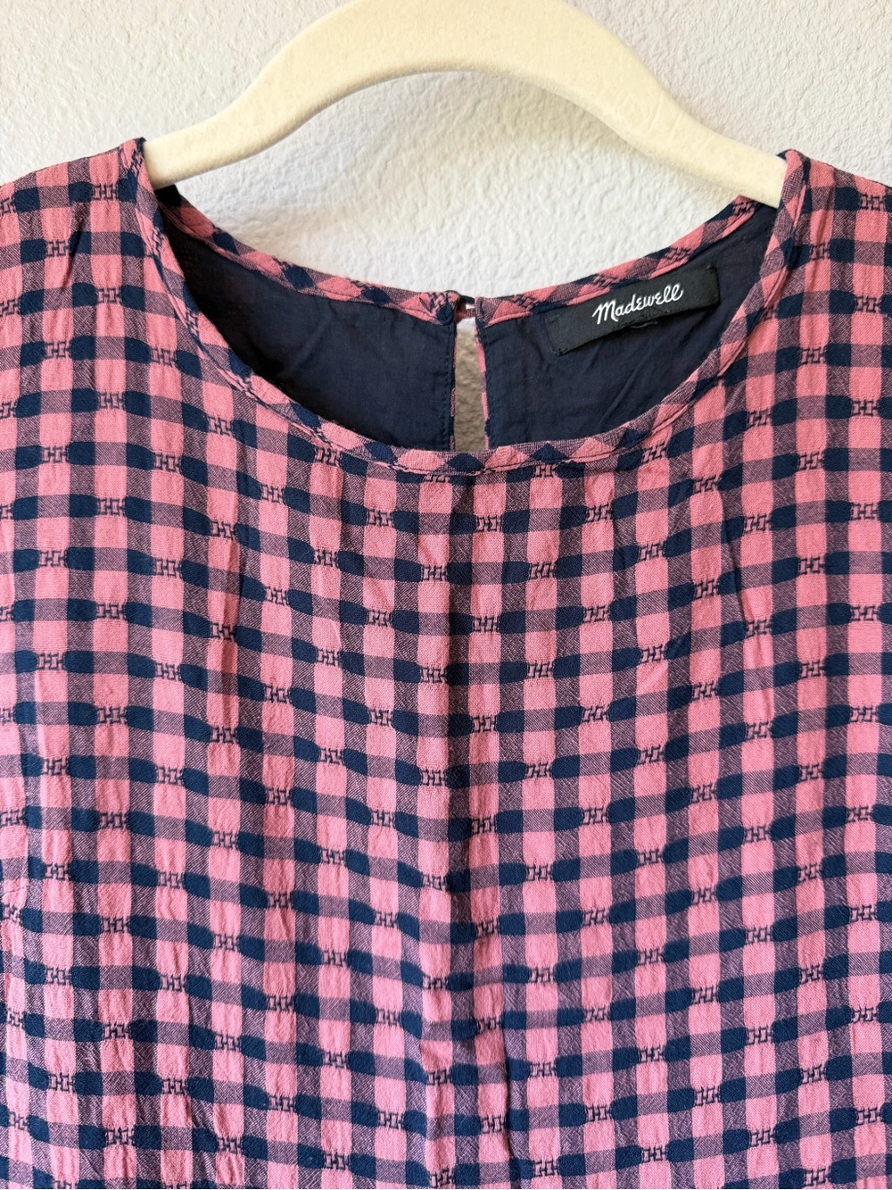 Madewell Short Sleeve Tiered Mini Dress Pink Navy Gingham Check, Like New, XS - Picture 3 of 16